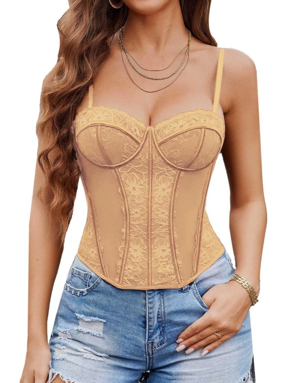 Women's Khaki Sweetheart Neck Slim Fit Underwire Bustier Lace Mesh Corset Top